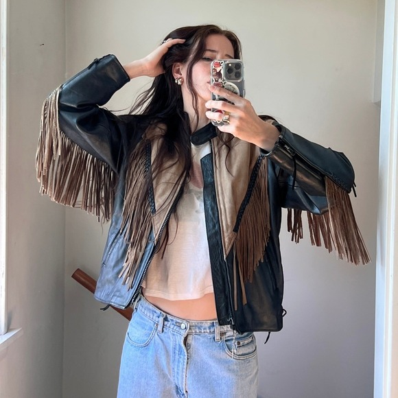 hot leathers Jackets & Blazers - Vintage Leather Fringe Motorcycle Jacket Black Tan Biker Western Braided Lace